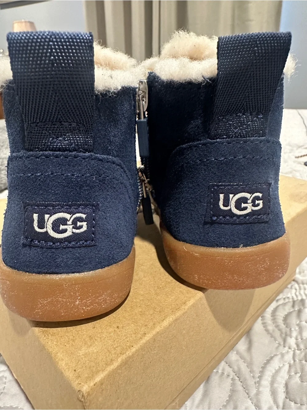 UGG Kids Navy Suede Shearling-Trim Booties